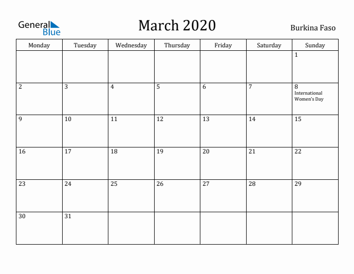 March 2020 Calendar Burkina Faso