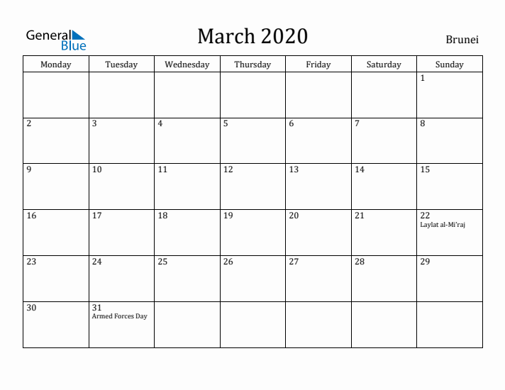 March 2020 Calendar Brunei