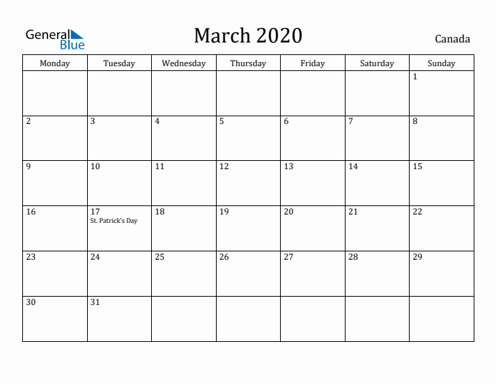 March 2020 Calendar Canada