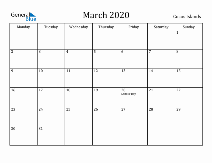 March 2020 Calendar Cocos Islands