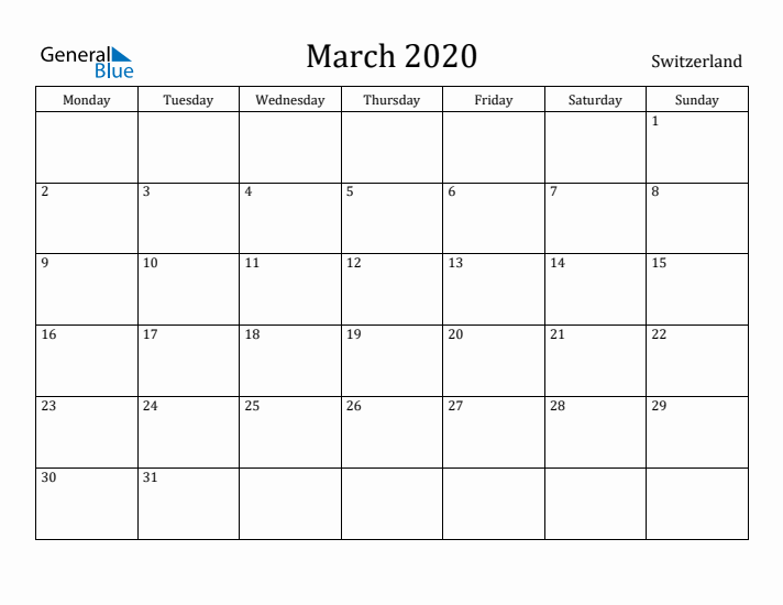 March 2020 Calendar Switzerland