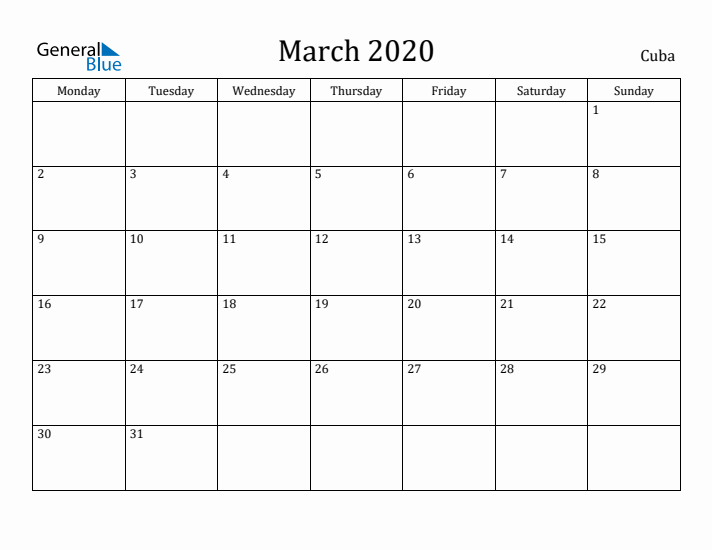 March 2020 Calendar Cuba