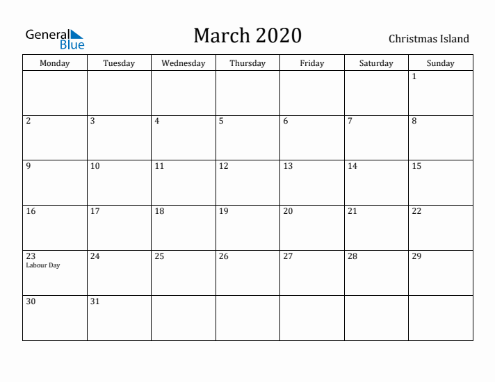 March 2020 Calendar Christmas Island