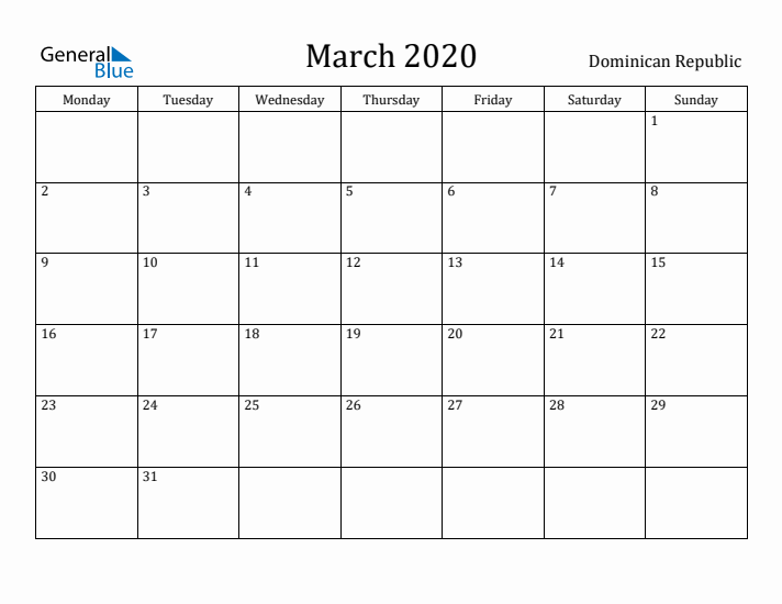 March 2020 Calendar Dominican Republic