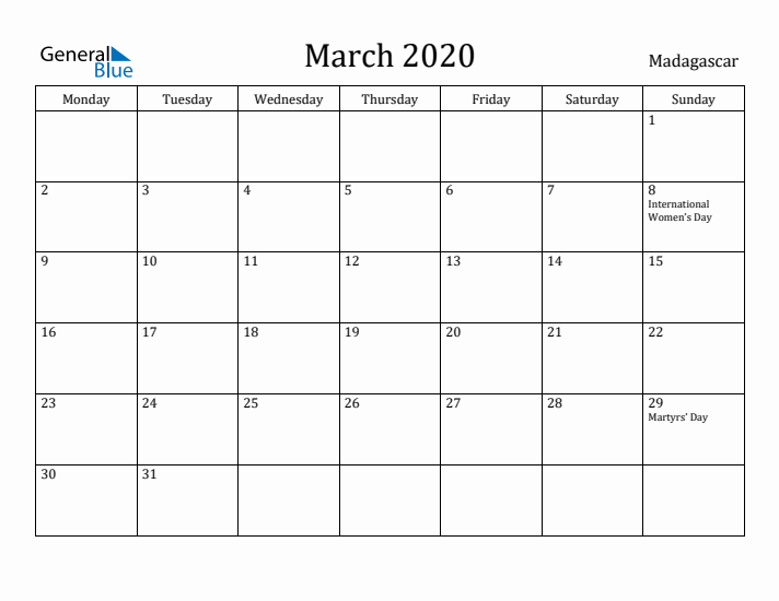 March 2020 Calendar Madagascar