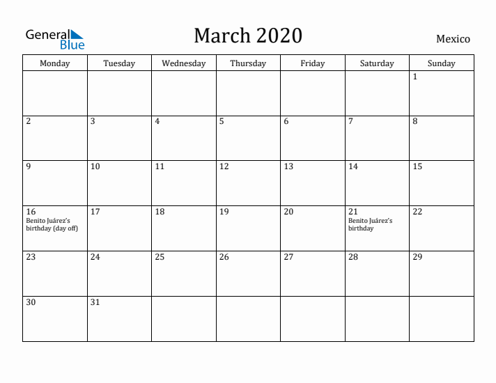 March 2020 Calendar Mexico