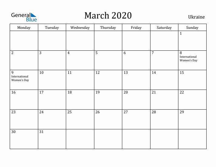 March 2020 Calendar Ukraine