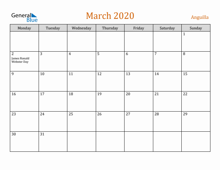 March 2020 Holiday Calendar with Monday Start