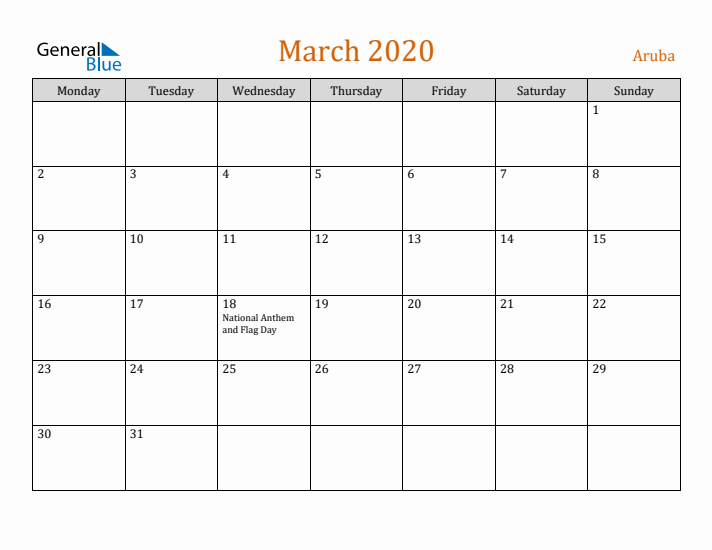 March 2020 Holiday Calendar with Monday Start