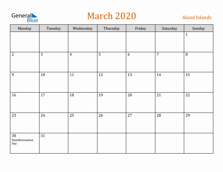 March 2020 Holiday Calendar with Monday Start