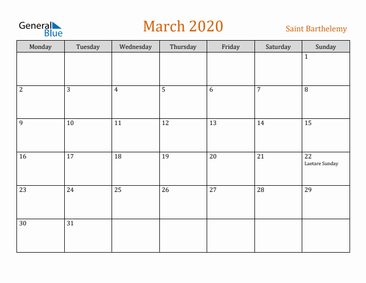 March 2020 Holiday Calendar with Monday Start