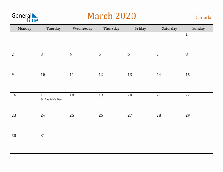 March 2020 Holiday Calendar with Monday Start