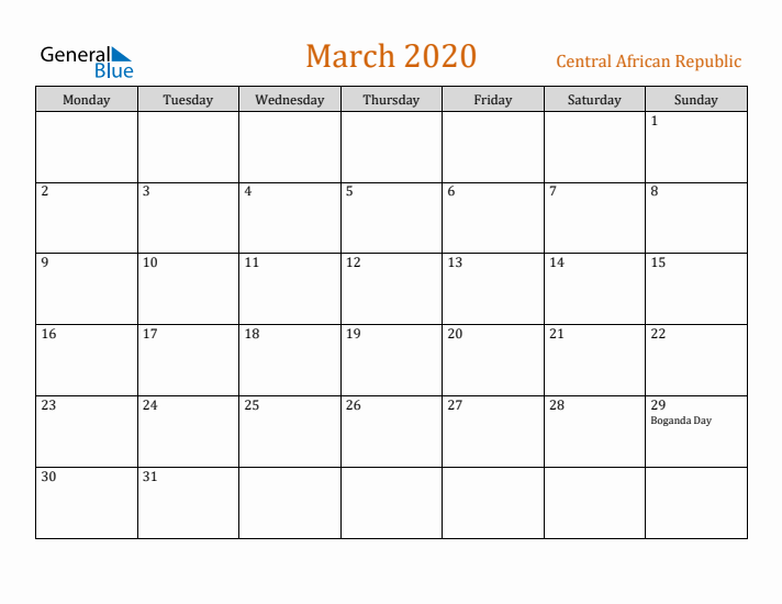 March 2020 Holiday Calendar with Monday Start