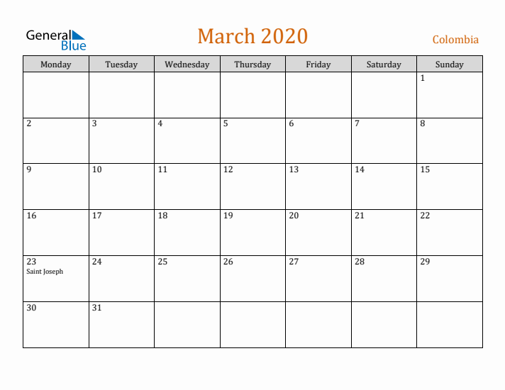 March 2020 Holiday Calendar with Monday Start