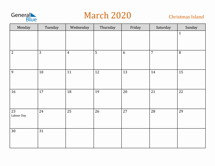 March 2020 Holiday Calendar with Monday Start