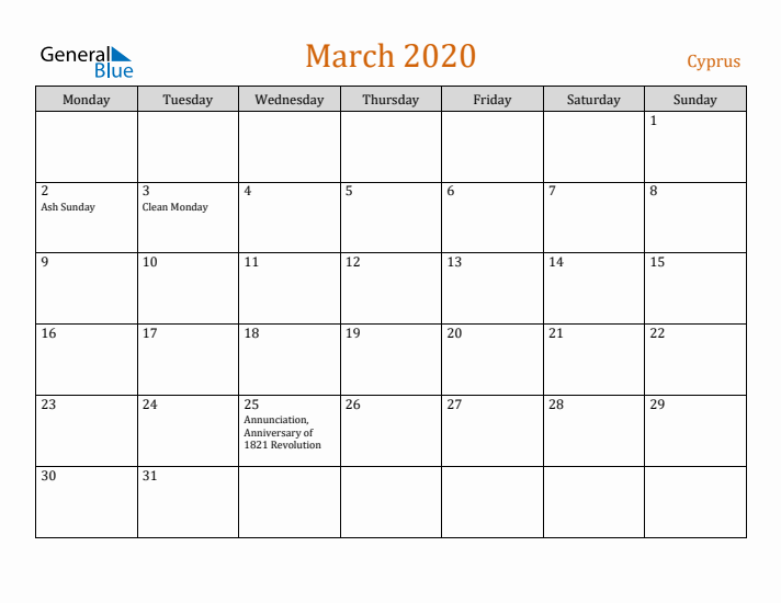 March 2020 Holiday Calendar with Monday Start