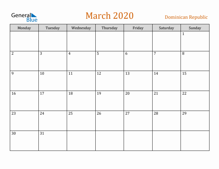 March 2020 Holiday Calendar with Monday Start