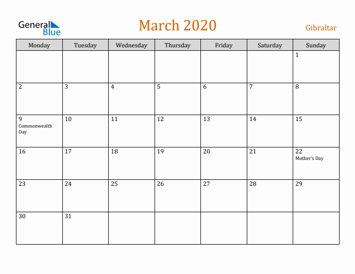 March 2020 Holiday Calendar with Monday Start