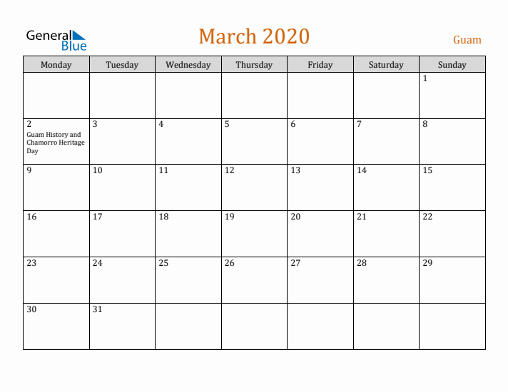 March 2020 Holiday Calendar with Monday Start