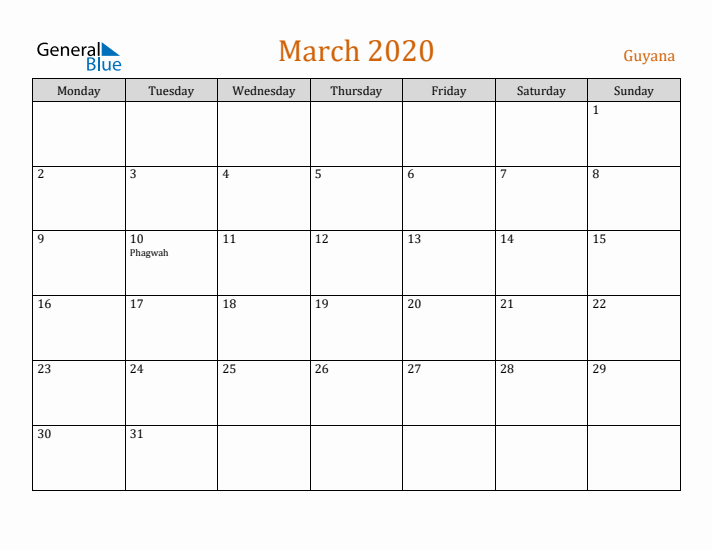 March 2020 Holiday Calendar with Monday Start