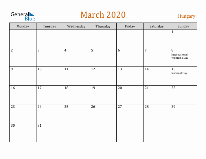 March 2020 Holiday Calendar with Monday Start