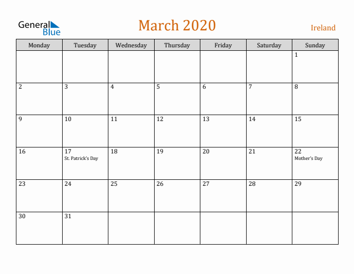 March 2020 Holiday Calendar with Monday Start