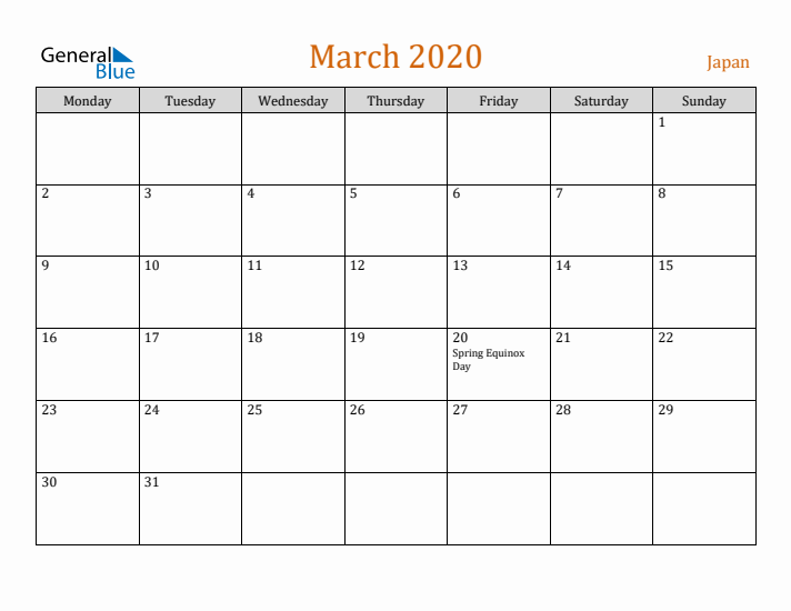 March 2020 Holiday Calendar with Monday Start