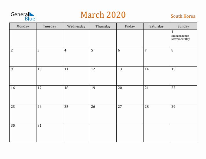 March 2020 Holiday Calendar with Monday Start