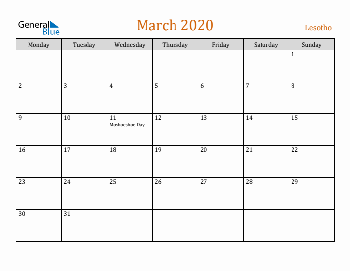 March 2020 Holiday Calendar with Monday Start