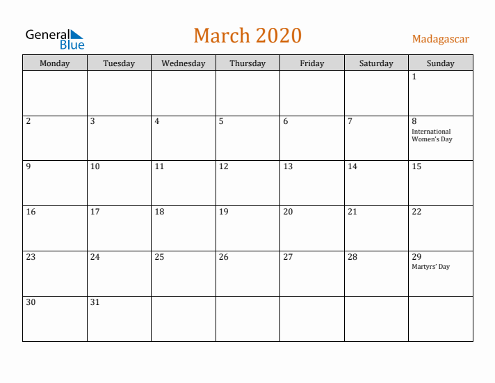 March 2020 Holiday Calendar with Monday Start