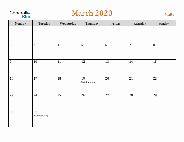 March 2020 Holiday Calendar with Monday Start