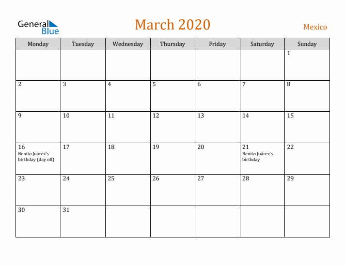 March 2020 Holiday Calendar with Monday Start