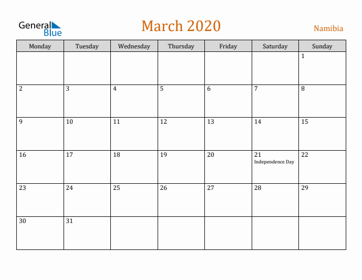 March 2020 Holiday Calendar with Monday Start