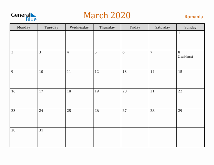 March 2020 Holiday Calendar with Monday Start