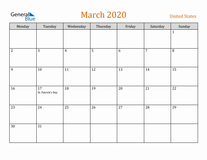 March 2020 Holiday Calendar with Monday Start