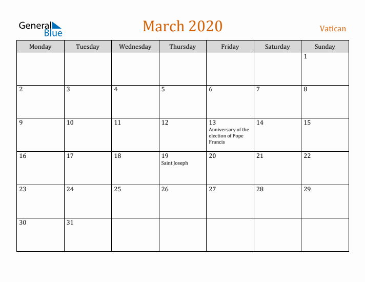 March 2020 Holiday Calendar with Monday Start