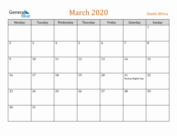 March 2020 Holiday Calendar with Monday Start