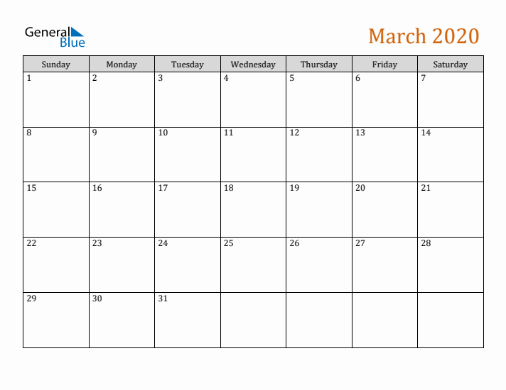 Editable March 2020 Calendar