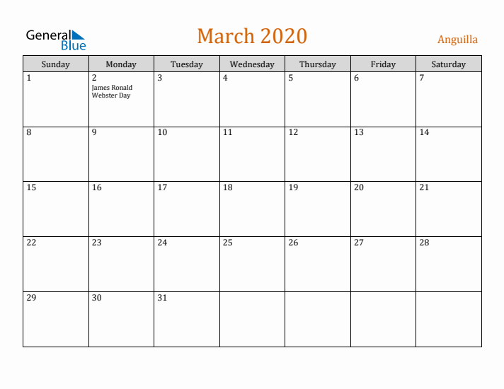 March 2020 Holiday Calendar with Sunday Start