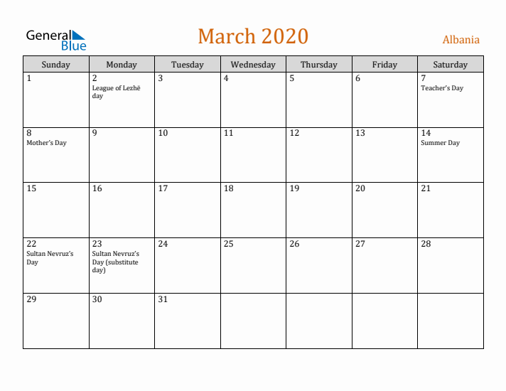 March 2020 Holiday Calendar with Sunday Start