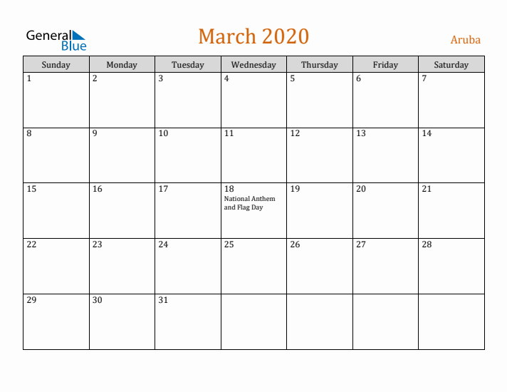 March 2020 Holiday Calendar with Sunday Start