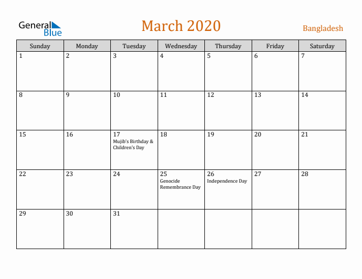 March 2020 Holiday Calendar with Sunday Start