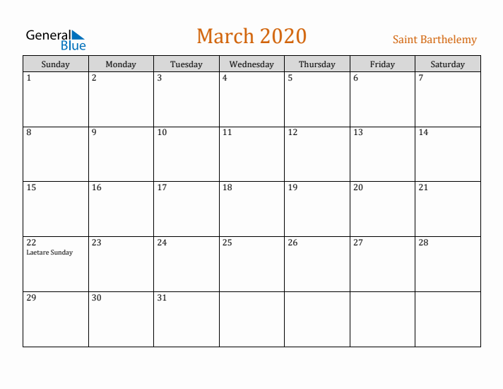 March 2020 Holiday Calendar with Sunday Start