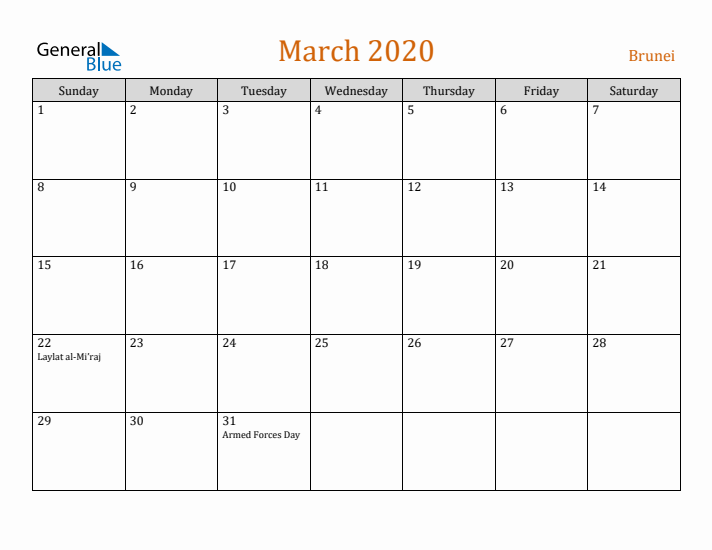 March 2020 Holiday Calendar with Sunday Start