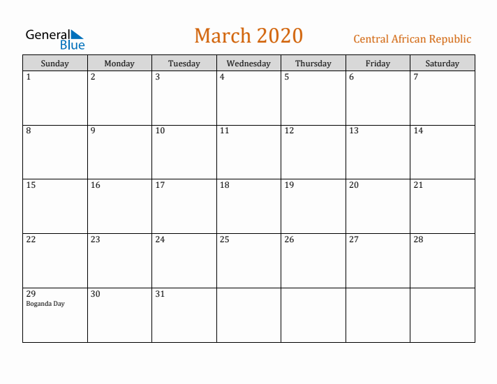 March 2020 Holiday Calendar with Sunday Start