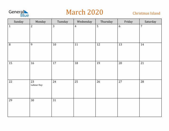 March 2020 Holiday Calendar with Sunday Start