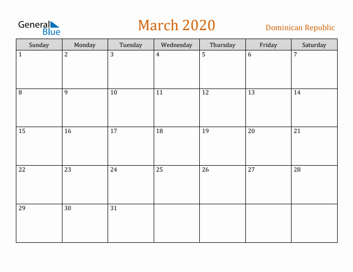 March 2020 Holiday Calendar with Sunday Start