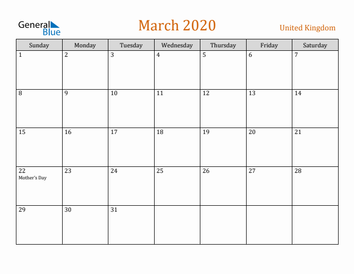 March 2020 Holiday Calendar with Sunday Start