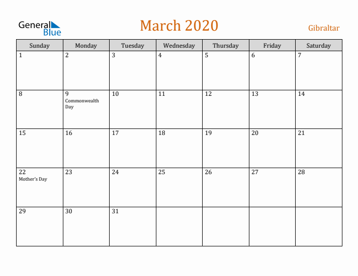 March 2020 Holiday Calendar with Sunday Start