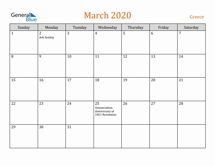 March 2020 Holiday Calendar with Sunday Start